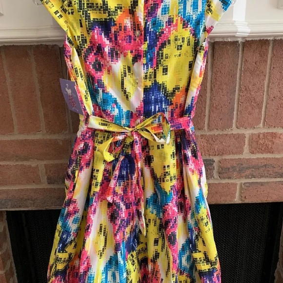 Joe Ella Geometric Yellow Pink Blue Dress 12 - Picture 5 of 6